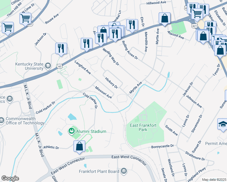 map of restaurants, bars, coffee shops, grocery stores, and more near 249 Langford Avenue in Frankfort
