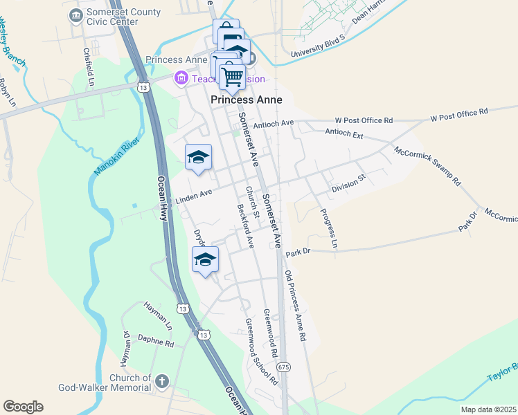 map of restaurants, bars, coffee shops, grocery stores, and more near 11541 Church Street in Princess Anne