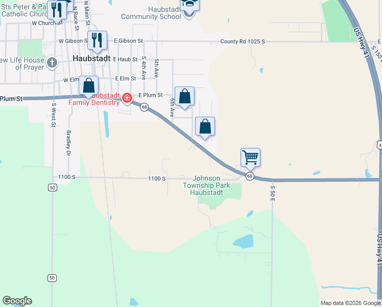 map of restaurants, bars, coffee shops, grocery stores, and more near 151 Indiana 68 in Haubstadt