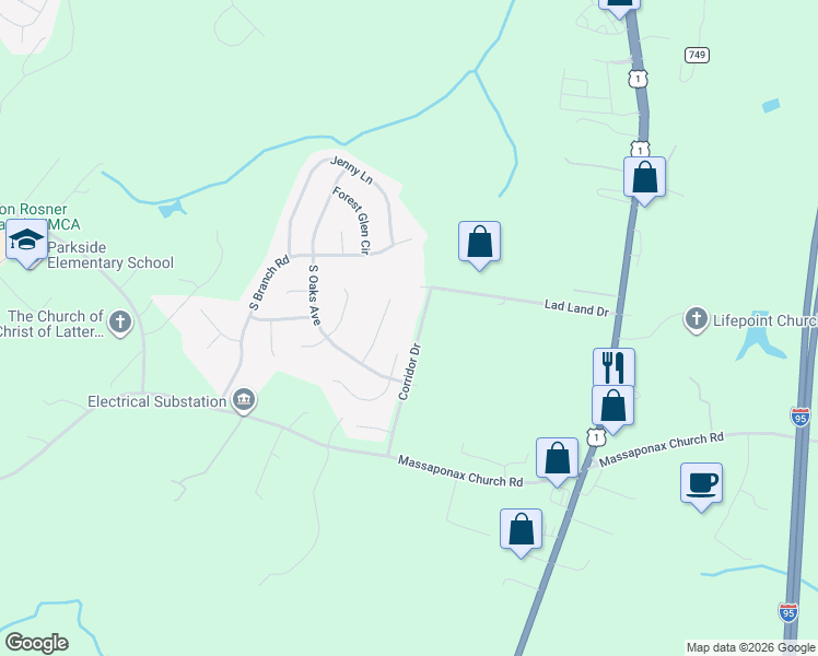 map of restaurants, bars, coffee shops, grocery stores, and more near 8700 Corridor Drive in Fredericksburg