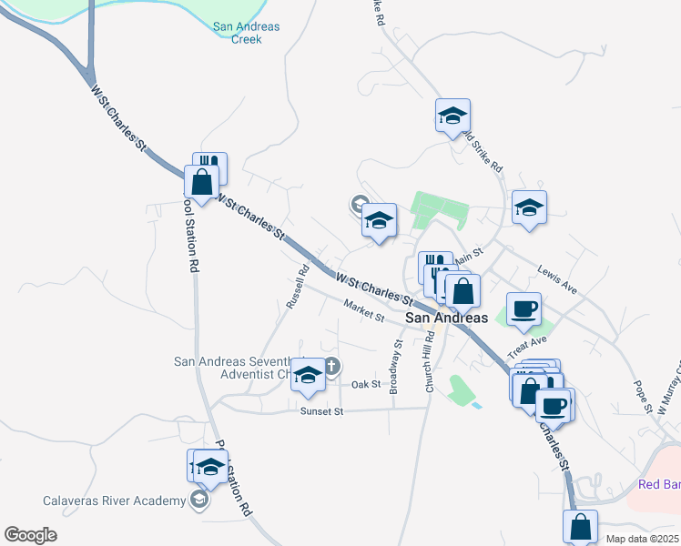 map of restaurants, bars, coffee shops, grocery stores, and more near 235 High School Street in San Andreas