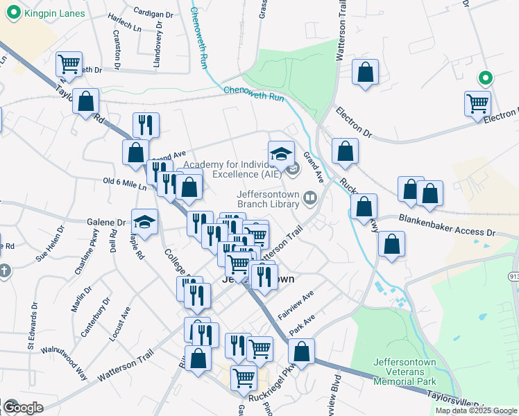 map of restaurants, bars, coffee shops, grocery stores, and more near 3500 Good Samaritan Way in Jeffersontown