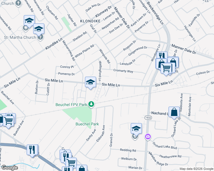 map of restaurants, bars, coffee shops, grocery stores, and more near 6510 6 Mile Lane in Louisville