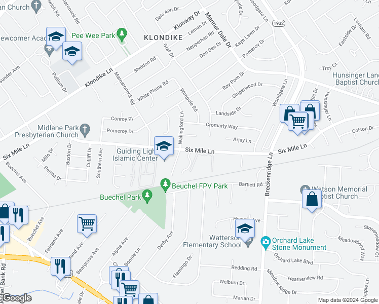 map of restaurants, bars, coffee shops, grocery stores, and more near 6510 6 Mile Lane in Louisville