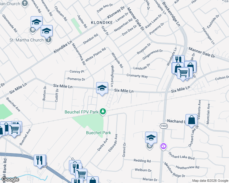 map of restaurants, bars, coffee shops, grocery stores, and more near 6510 6 Mile Lane in Louisville