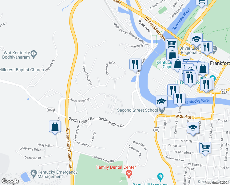 map of restaurants, bars, coffee shops, grocery stores, and more near 81 River Bluff Drive in Frankfort