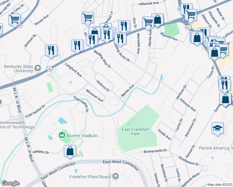 map of restaurants, bars, coffee shops, grocery stores, and more near 102 Jonathon Court in Frankfort