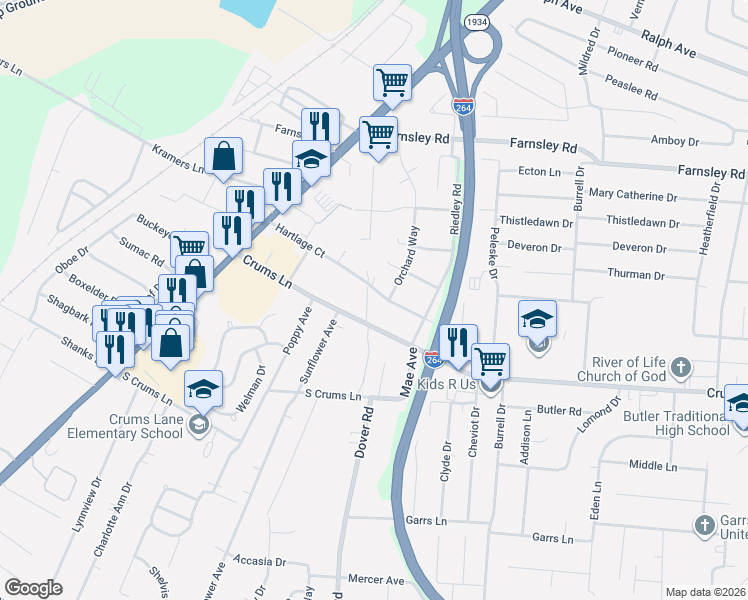map of restaurants, bars, coffee shops, grocery stores, and more near 4241 Freeman Avenue in Louisville
