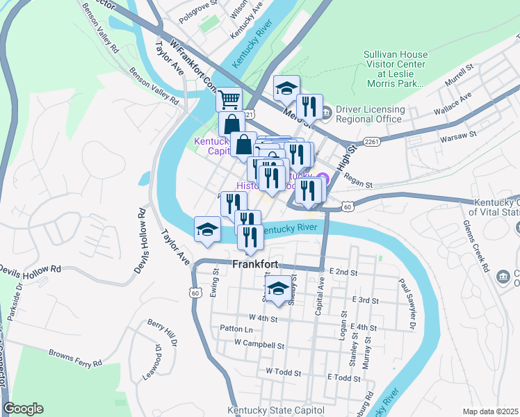 map of restaurants, bars, coffee shops, grocery stores, and more near 250 West Main Street in Frankfort