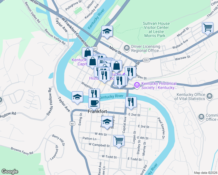 map of restaurants, bars, coffee shops, grocery stores, and more near 250 West Main Street in Frankfort