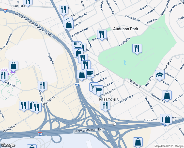 map of restaurants, bars, coffee shops, grocery stores, and more near 1205 Larue Avenue in Louisville
