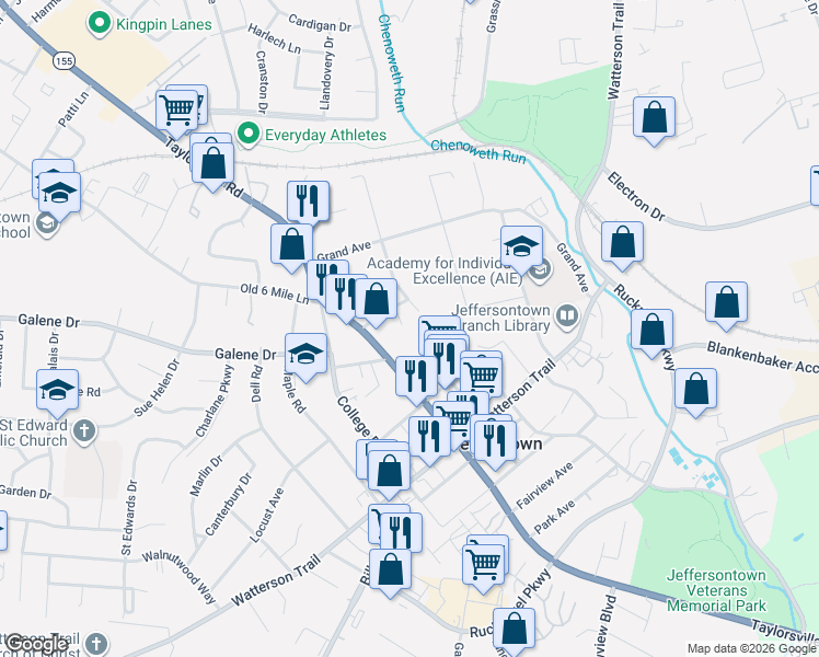 map of restaurants, bars, coffee shops, grocery stores, and more near 3102 Evon Court in Louisville