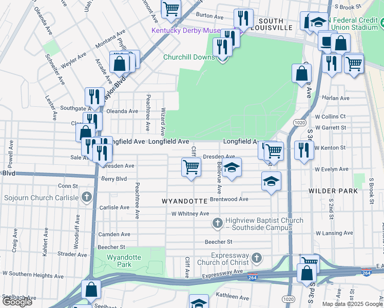 map of restaurants, bars, coffee shops, grocery stores, and more near 901 Dresden Avenue in Louisville