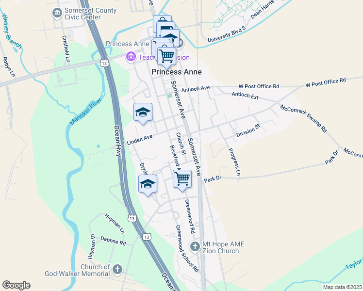 map of restaurants, bars, coffee shops, grocery stores, and more near 11541 Church Street in Princess Anne