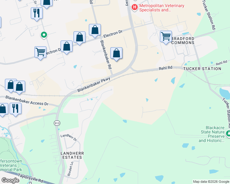 map of restaurants, bars, coffee shops, grocery stores, and more near 11800 Rehl Road in Louisville