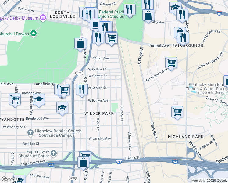 map of restaurants, bars, coffee shops, grocery stores, and more near 4019 Rankin Street in Louisville