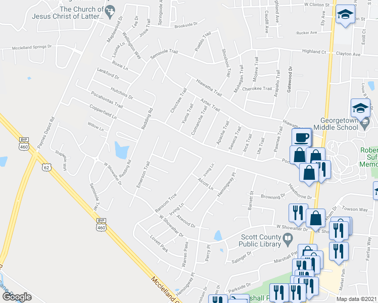 map of restaurants, bars, coffee shops, grocery stores, and more near 144 Ransom Trace in Georgetown