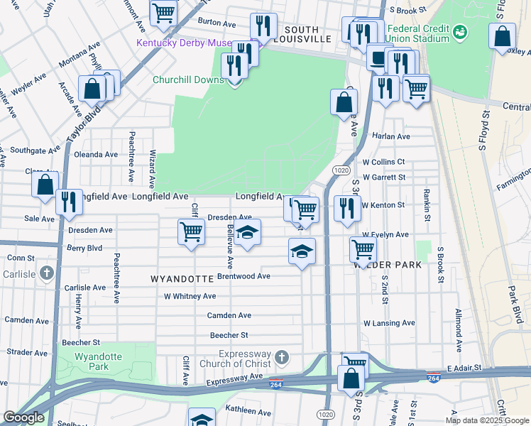 map of restaurants, bars, coffee shops, grocery stores, and more near 526 Dresden Avenue in Louisville