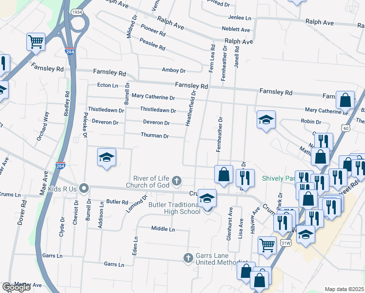 map of restaurants, bars, coffee shops, grocery stores, and more near 3448 Heatherfield Drive in Louisville