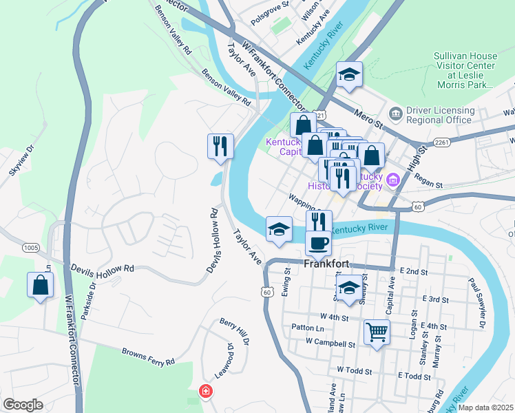 map of restaurants, bars, coffee shops, grocery stores, and more near 652 Kentucky 1211 in Frankfort