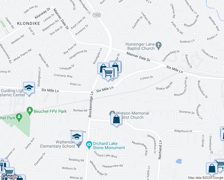 map of restaurants, bars, coffee shops, grocery stores, and more near 7320 6 Mile Lane in Louisville