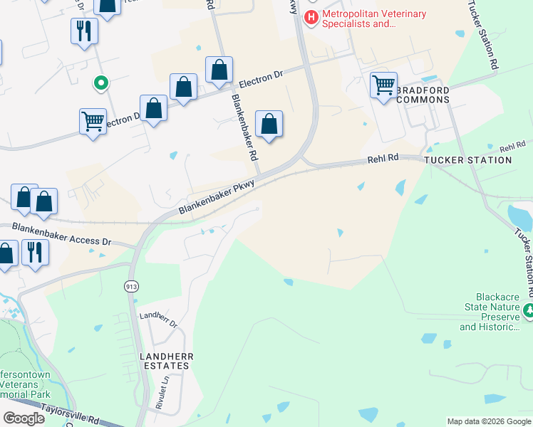 map of restaurants, bars, coffee shops, grocery stores, and more near 11800 Rehl Road in Louisville