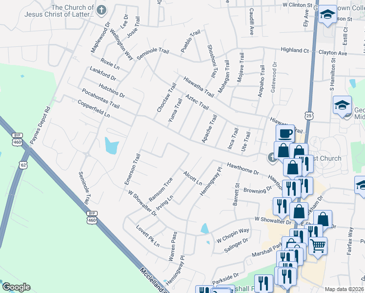 map of restaurants, bars, coffee shops, grocery stores, and more near 237 Ransom Trace in Georgetown