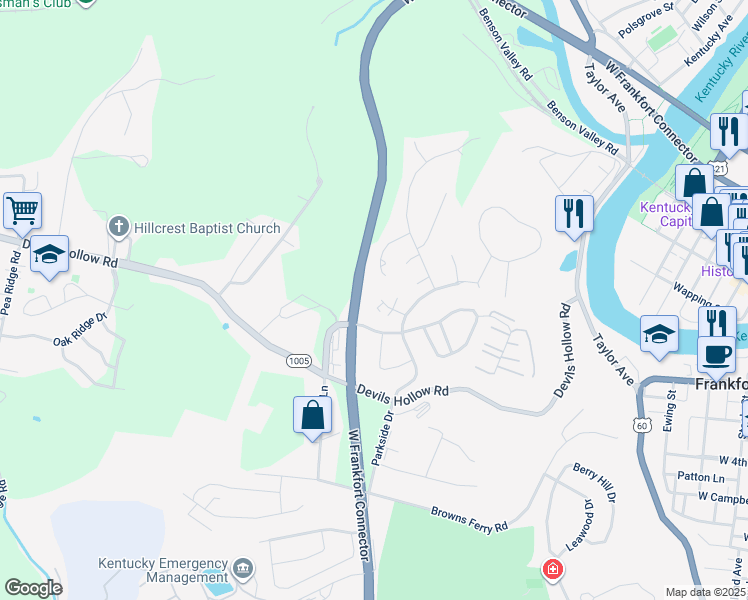 map of restaurants, bars, coffee shops, grocery stores, and more near 2 Harmony Landing Court in Frankfort