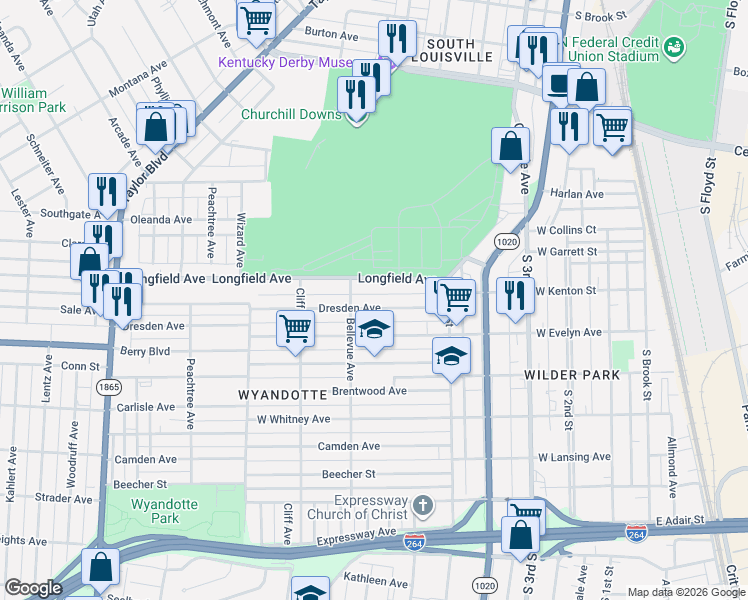 map of restaurants, bars, coffee shops, grocery stores, and more near 624 Dresden Avenue in Louisville