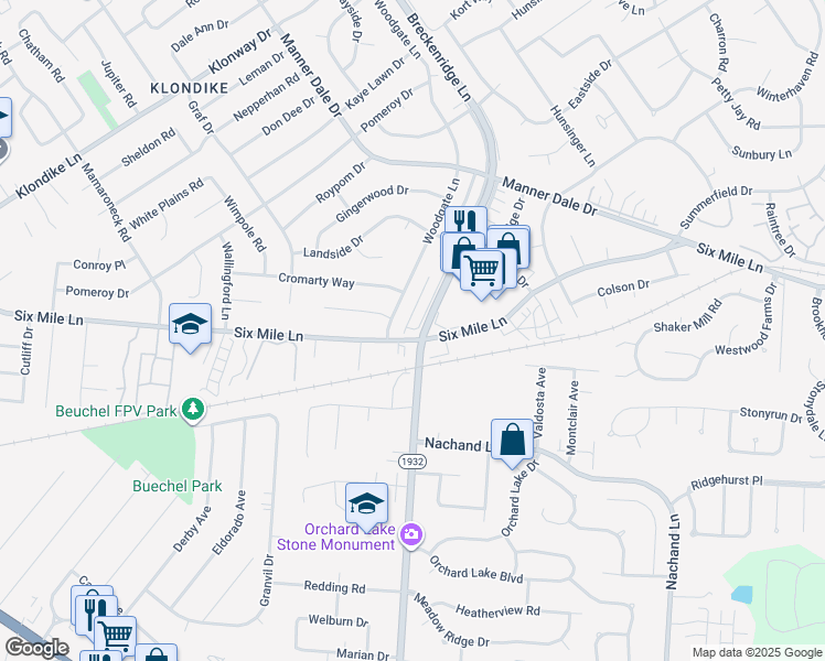 map of restaurants, bars, coffee shops, grocery stores, and more near 6726 6 Mile Lane in Louisville