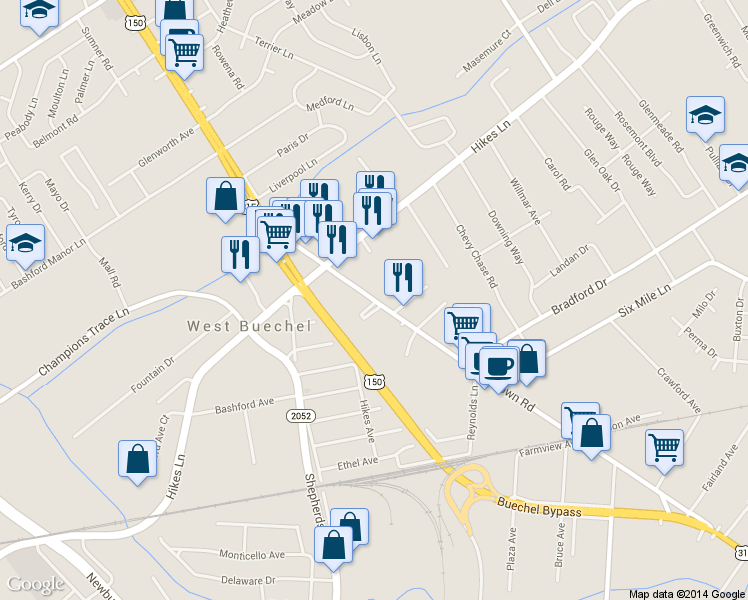map of restaurants, bars, coffee shops, grocery stores, and more near 3721 Bardstown Road in Louisville