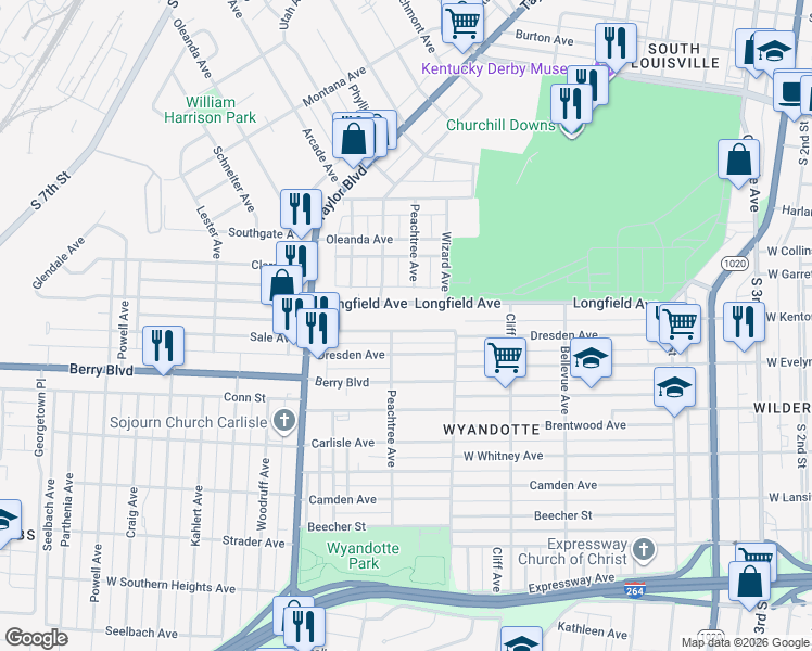 map of restaurants, bars, coffee shops, grocery stores, and more near 1109 Sale Avenue in Louisville