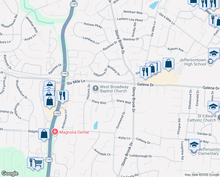 map of restaurants, bars, coffee shops, grocery stores, and more near 3215 Stony Farm Drive in Jeffersontown
