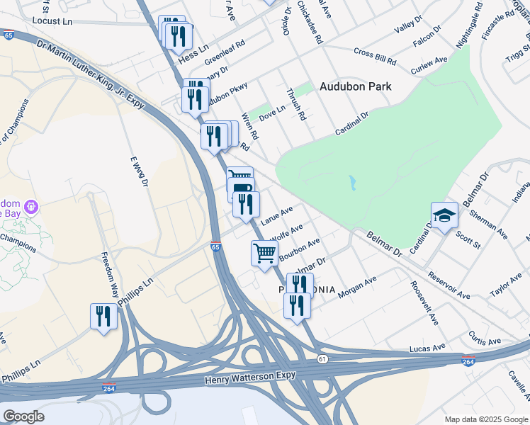 map of restaurants, bars, coffee shops, grocery stores, and more near 1205 Larue Avenue in Louisville