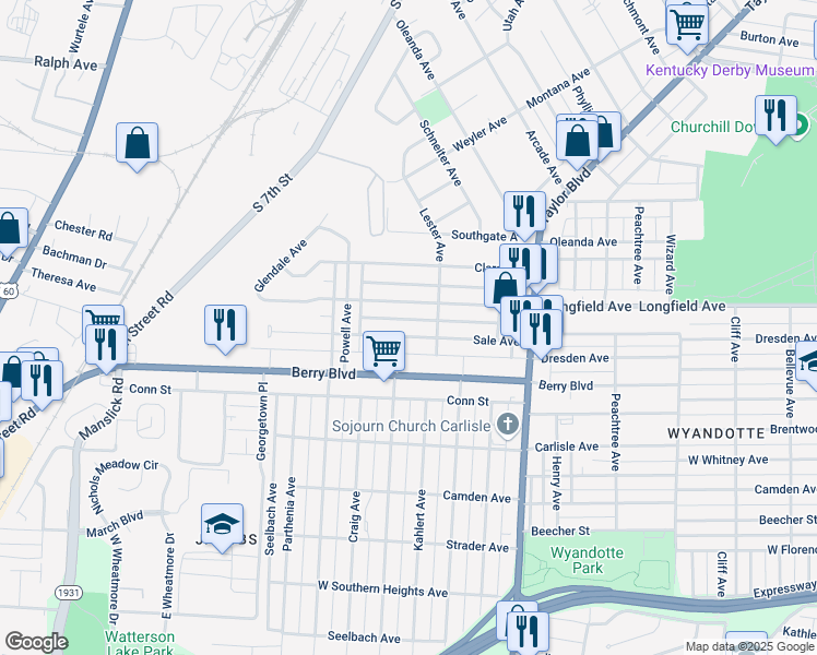 map of restaurants, bars, coffee shops, grocery stores, and more near 1428 Sale Avenue in Louisville
