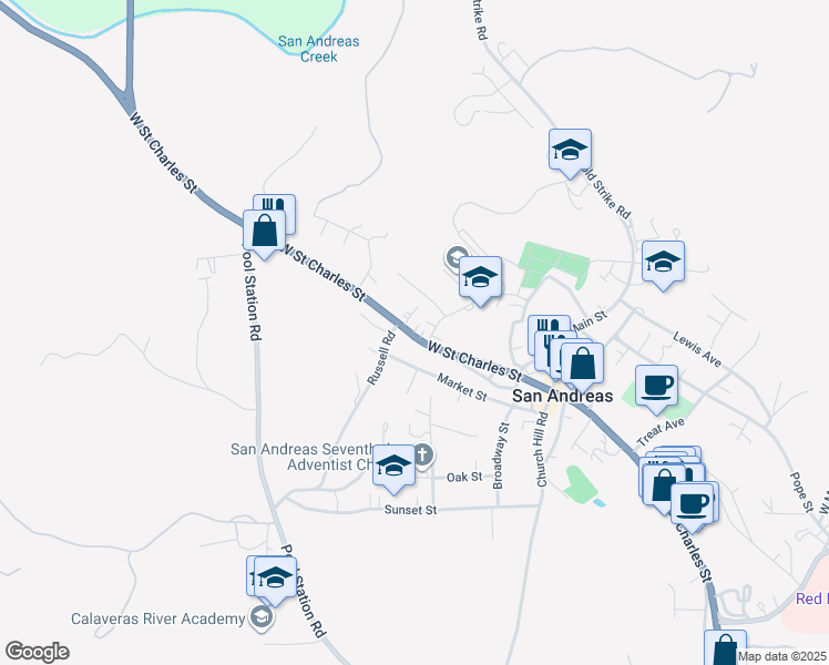 map of restaurants, bars, coffee shops, grocery stores, and more near 235 High School Street in San Andreas