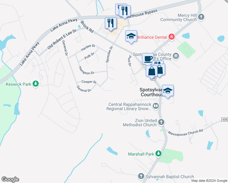 map of restaurants, bars, coffee shops, grocery stores, and more near 416 Cooper Street in Spotsylvania