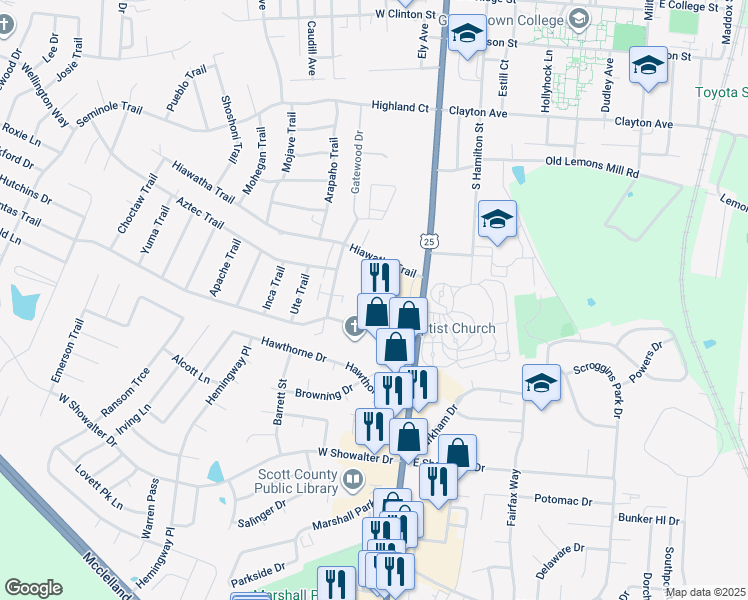 map of restaurants, bars, coffee shops, grocery stores, and more near 1198 Johnson Avenue in Georgetown