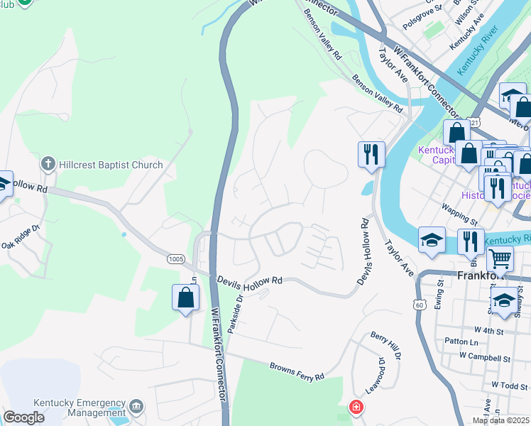 map of restaurants, bars, coffee shops, grocery stores, and more near 1015 River Bend Road in Frankfort