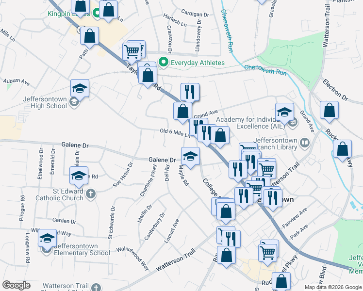 map of restaurants, bars, coffee shops, grocery stores, and more near 3213 Maple Road in Louisville