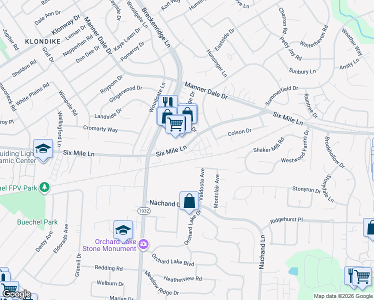 map of restaurants, bars, coffee shops, grocery stores, and more near 3406 Lesway Court in Louisville