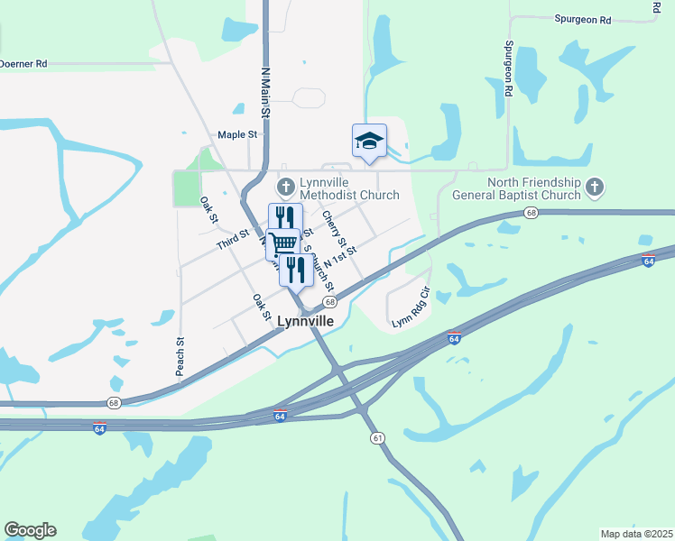map of restaurants, bars, coffee shops, grocery stores, and more near 100-198 South Church Street in Lynnville