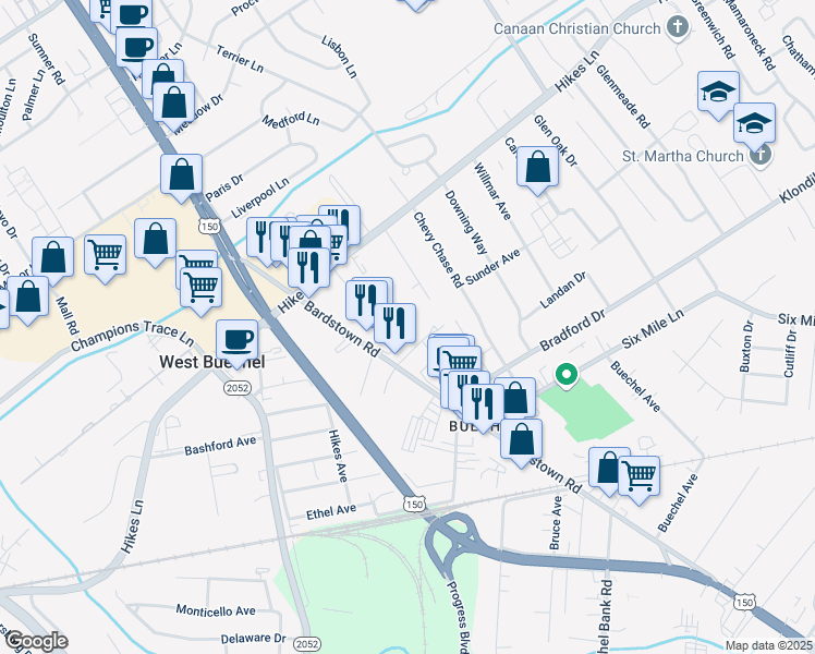 map of restaurants, bars, coffee shops, grocery stores, and more near 2205 Sieger Villa Court in Louisville