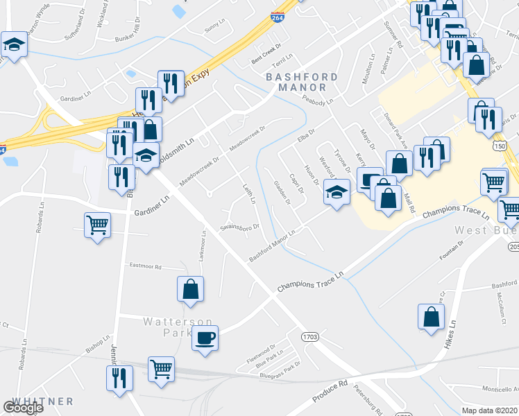 map of restaurants, bars, coffee shops, grocery stores, and more near 1917 Swainsboro Drive in Louisville