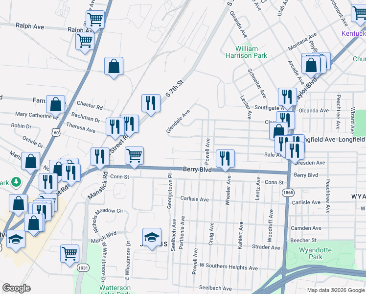 map of restaurants, bars, coffee shops, grocery stores, and more near 1632 Dresden Avenue in Louisville