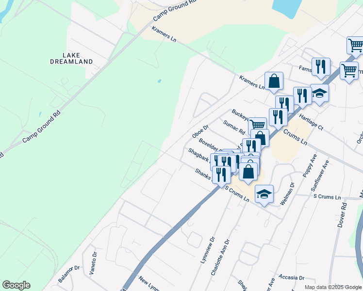 map of restaurants, bars, coffee shops, grocery stores, and more near 3703 Shanks Lane in Louisville