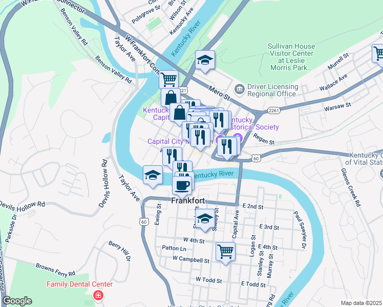 map of restaurants, bars, coffee shops, grocery stores, and more near 222 Saint Clair Street in Frankfort