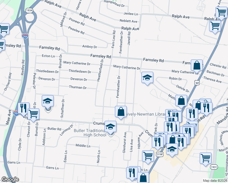 map of restaurants, bars, coffee shops, grocery stores, and more near 3446 Fernheather Drive in Louisville