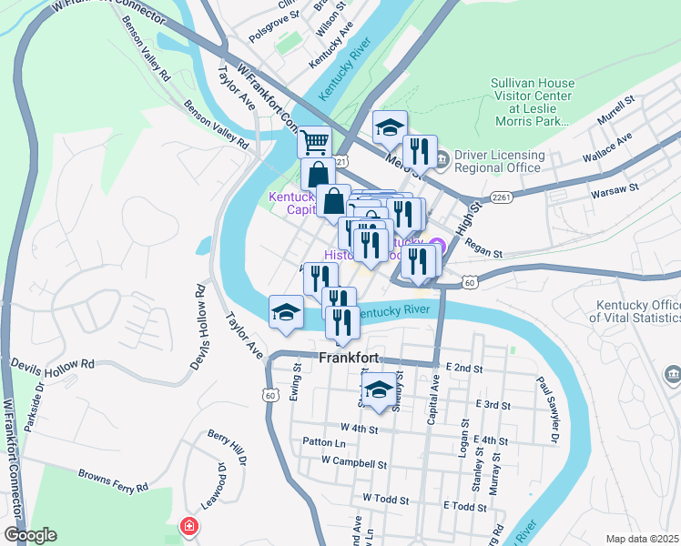 map of restaurants, bars, coffee shops, grocery stores, and more near 222 Saint Clair Street in Frankfort