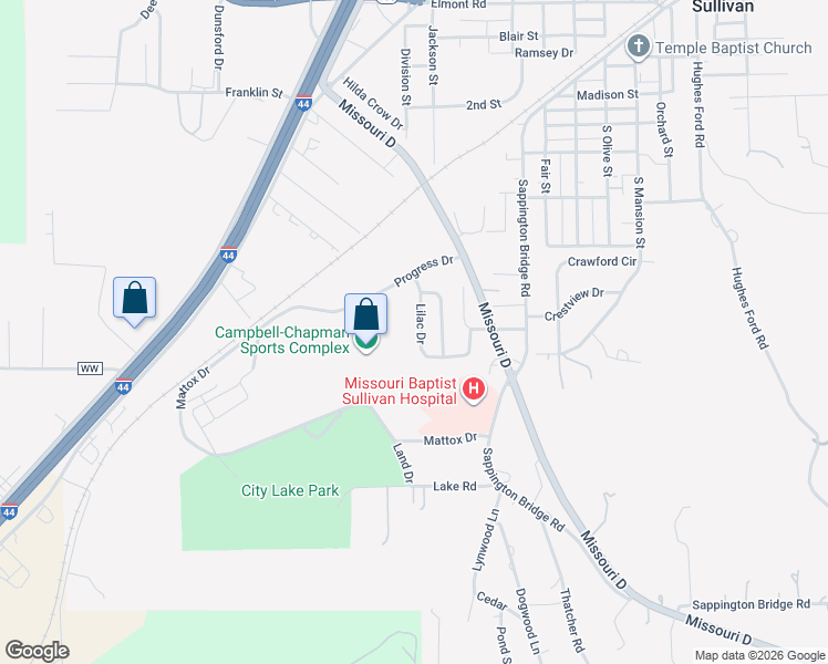 map of restaurants, bars, coffee shops, grocery stores, and more near 1122 Lilac Drive in Sullivan